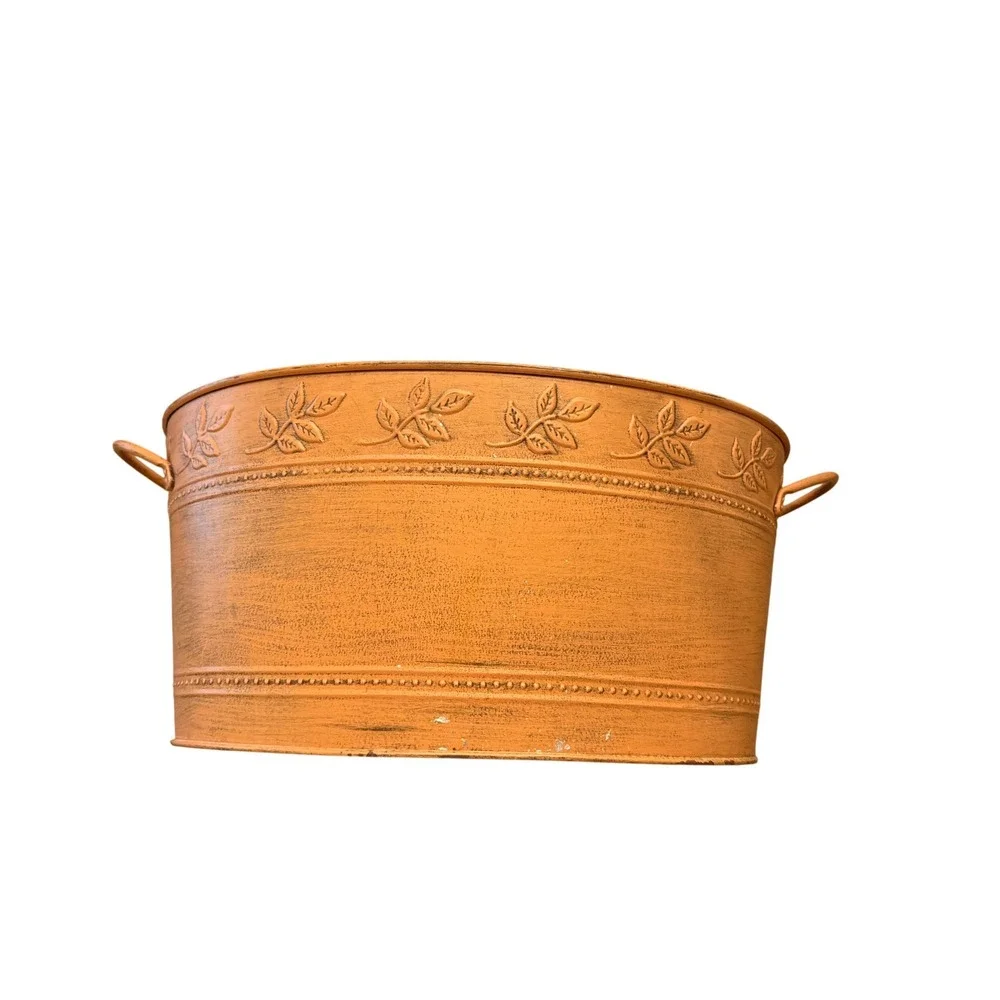 Princess House Rustic‎ Orange Embossed Leaf Metal Oval Beverage Tub